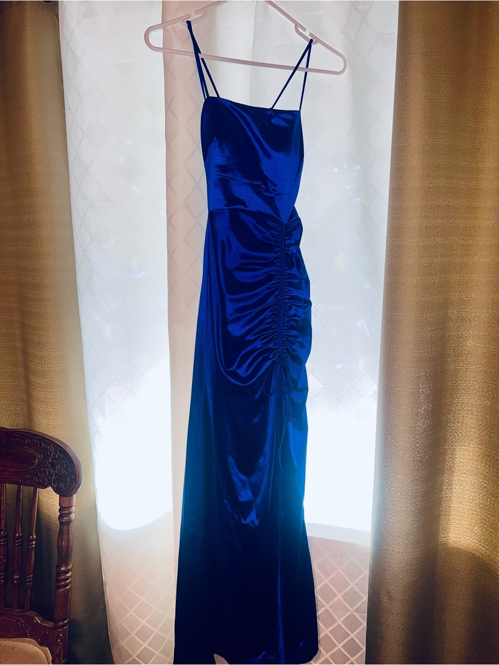 Elegant Satin Spaghetti Strap Dress - Royal Blue